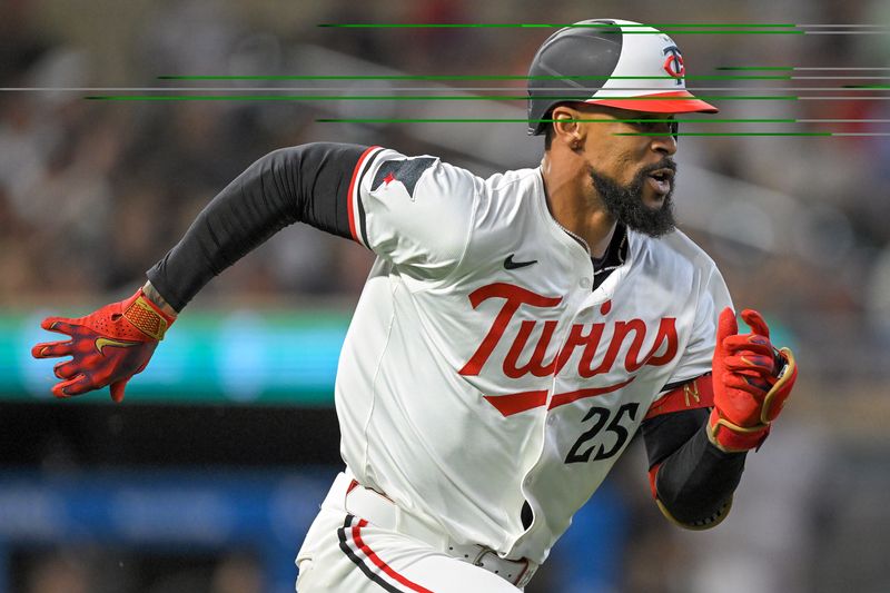 Sep 17, 2025; Minneapolis, Minnesota, USA;  Minnesota Twins outfielder Byron Buxton (25) heads to second on a double against the New York Yankees during the third inning at Target Field. Mandatory Credit: Nick Wosika-Imagn Images

