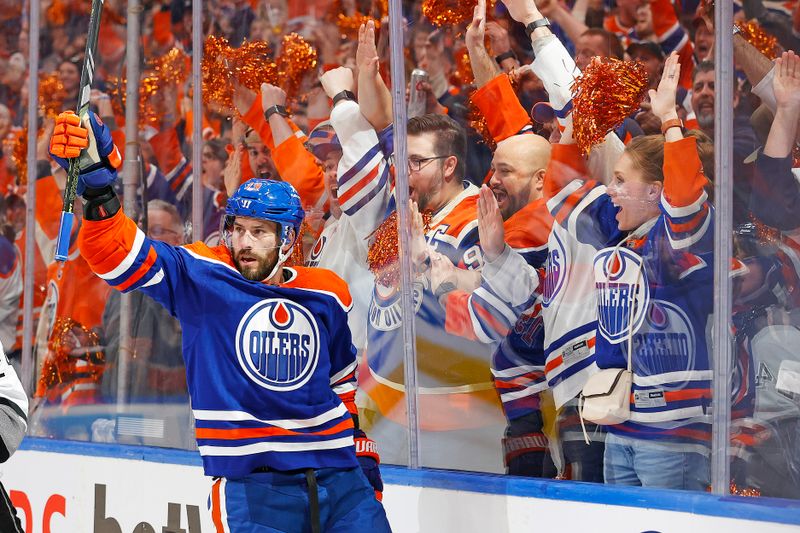 Apr 22, 2024; Edmonton, Alberta, CAN; Edmonton Oilers forward Adam Henrique (19) celebrates after scoring a goal during the first period against the Los Angeles Kings in game one of the first round of the 2024 Stanley Cup Playoffs at Rogers Place. Mandatory Credit: Perry Nelson-USA TODAY Sports