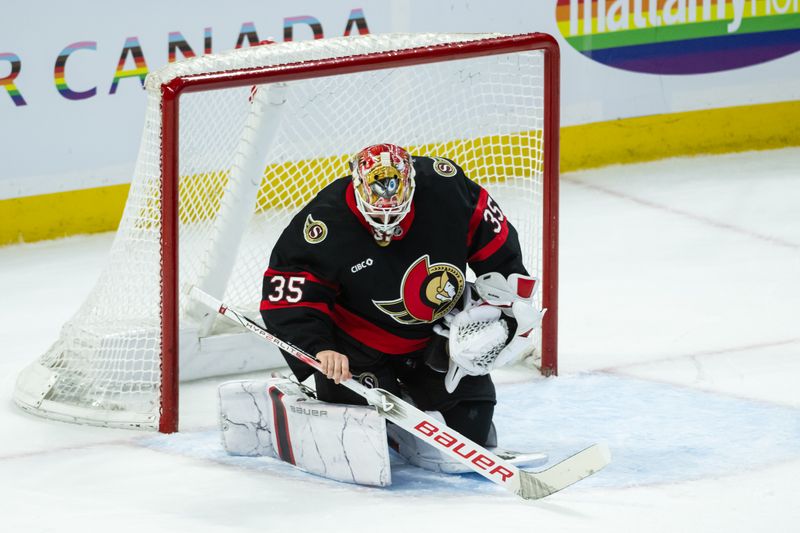 Apr 3, 2025; Ottawa, Ontario, CAN; Ottawa Senators goalie Linus Ullmark (35) inspects his stick after a pile up in front of the net in the third period at the Canadian Tire Centre in the game against the Tampa Bay Lightning. Mandatory Credit: Marc DesRosiers-Imagn Images