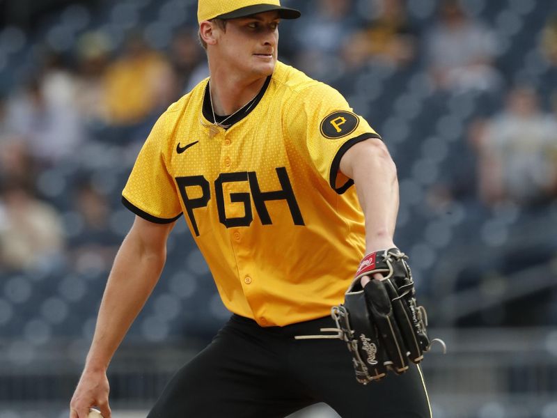 Apr 19, 2024; Pittsburgh, Pennsylvania, USA;  Pittsburgh Pirates starting pitcher Quinn Priester (46) delivers a pitch against the /sx/ during the first inning at PNC Park. Mandatory Credit: Charles LeClaire-USA TODAY Sports