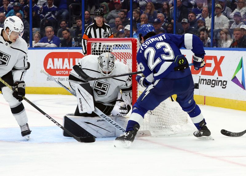 Jan 9, 2024; Tampa, Florida, USA; Tampa Bay Lightning center Michael Eyssimont (23) shoots as Los Angeles Kings goaltender Cam Talbot (39) makes a save during the third period at Amalie Arena. Mandatory Credit: Kim Klement Neitzel-USA TODAY Sports