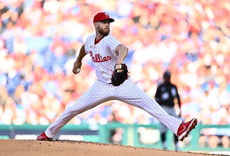 Apr 20, 2024; Philadelphia, Pennsylvania, USA; Philadelphia Phillies starting pitcher Zack Wheeler (45) throws a pitch against the Chicago White Sox in the first inning at Citizens Bank Park. Mandatory Credit: Kyle Ross-USA TODAY Sports