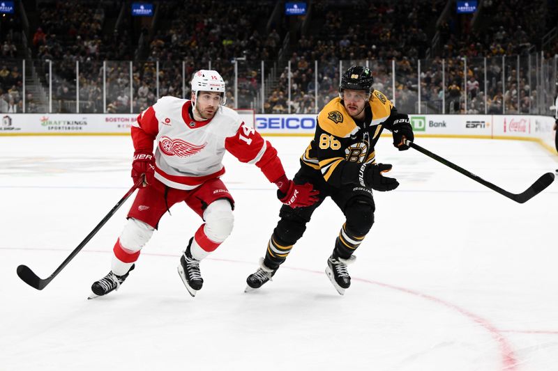 Dec 3, 2024; Boston, Massachusetts, USA; Detroit Red Wings center Tyler Motte (14) and Boston Bruins right wing David Pastrnak (88) skate for the puck during the first period at the TD Garden. Mandatory Credit: Brian Fluharty-Imagn Images