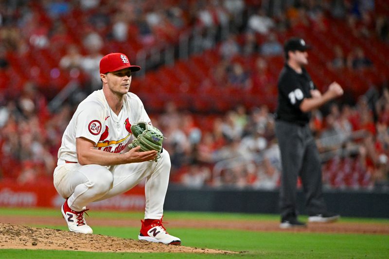 Sep 18, 2024; St. Louis, Missouri, USA;  St. Louis Cardinals starting pitcher Sonny Gray (54) reacts after third baseman Nolan Arenado (not pictured) completed an inning ending double play against the Pittsburgh Pirates during the third inning at Busch Stadium. Mandatory Credit: Jeff Curry-Imagn Images