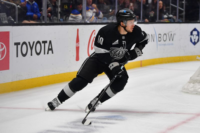 Mar 21, 2026; Los Angeles, California, USA; Los Angeles Kings left wing Artemi Panarin (10) moves the puck against the Buffalo Sabres during the second period at Crypto.com Arena. Mandatory Credit: Gary A. Vasquez-Imagn Images