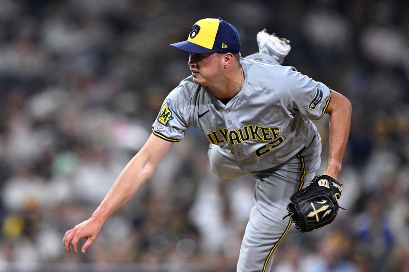 Jun 20, 2024; San Diego, California, USA; Milwaukee Brewers relief pitcher Bradley Blalock (25) pitches against the San Diego Padres during the eighth inning at Petco Park. Mandatory Credit: Orlando Ramirez-USA TODAY Sports