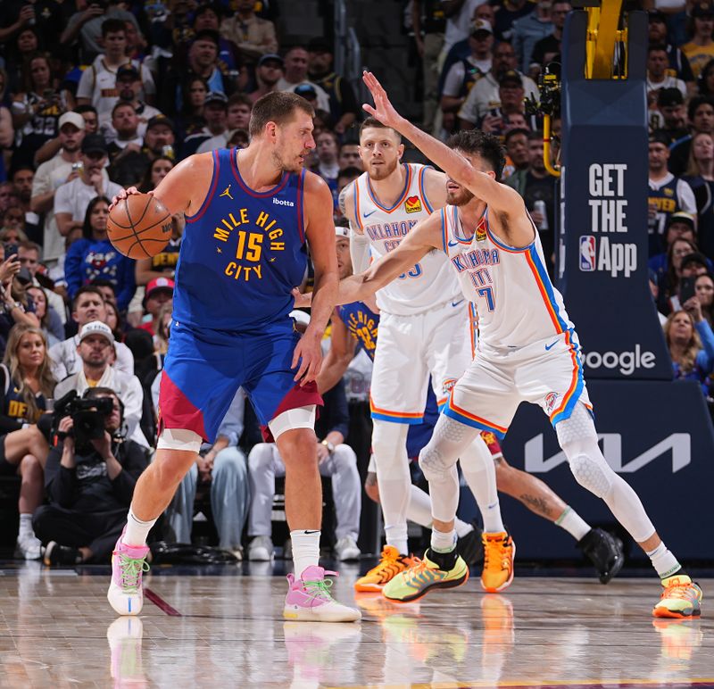 DENVER, CO - MAY 9: Nikola Jokic #15 of the Denver Nuggets dribbles the ball during Round Two, Game Three of the 2025 NBA Playoffs against the Oklahoma City Thunder on May 9, 2025 at Ball Arena in Denver, Colorado. NOTE TO USER: User expressly acknowledges and agrees that, by downloading and/or using this Photograph, user is consenting to the terms and conditions of the Getty Images License Agreement. Mandatory Copyright Notice: Copyright 2025 NBAE (Photo by Bart Young/NBAE via Getty Images)