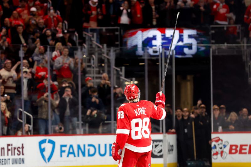 Jan 29, 2026; Detroit, Michigan, USA;  Detroit Red Wings right wing Patrick Kane (88) celebrates after he gets his 1375 point in the second period against the Washington Capitals at Little Caesars Arena. Mandatory Credit: Rick Osentoski-Imagn Images