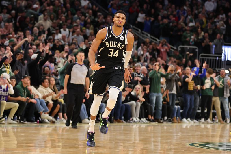 MILWAUKEE, WISCONSIN - NOVEMBER 18: Giannis Antetokounmpo #34 of the Milwaukee Bucks reacts to a score against the Dallas Mavericks during the second half of a game at Fiserv Forum on November 18, 2023 in Milwaukee, Wisconsin. NOTE TO USER: User expressly acknowledges and agrees that, by downloading and or using this photograph, User is consenting to the terms and conditions of the Getty Images License Agreement. (Photo by Stacy Revere/Getty Images)