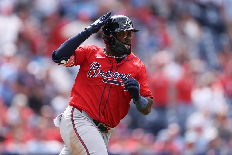 May 29, 2025; Philadelphia, Pennsylvania, USA; Atlanta Braves outfielder Michael Harris II (23) runs the bases after hitting an RBI double during the eighth inning against the Philadelphia Phillies at Citizens Bank Park. Mandatory Credit: Bill Streicher-Imagn Images
