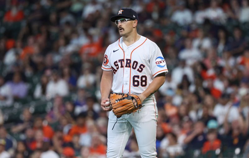 May 17, 2023; Houston, Texas, USA; Houston Astros starting pitcher J.P. France (68) reacts during the first inning against the Chicago Cubs at Minute Maid Park. Mandatory Credit: Troy Taormina-USA TODAY Sports