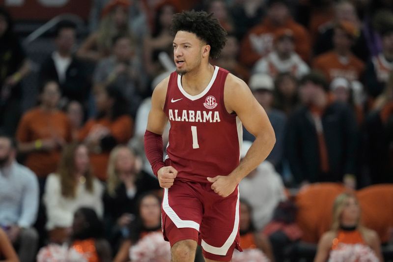 Feb 11, 2025; Austin, Texas, USA; Alabama Crimson Tide guard Mark Sears (1) reacts after scoring a three point basket during the first half against the Alabama Crimson Tide at Moody Center. Mandatory Credit: Scott Wachter-Imagn Images