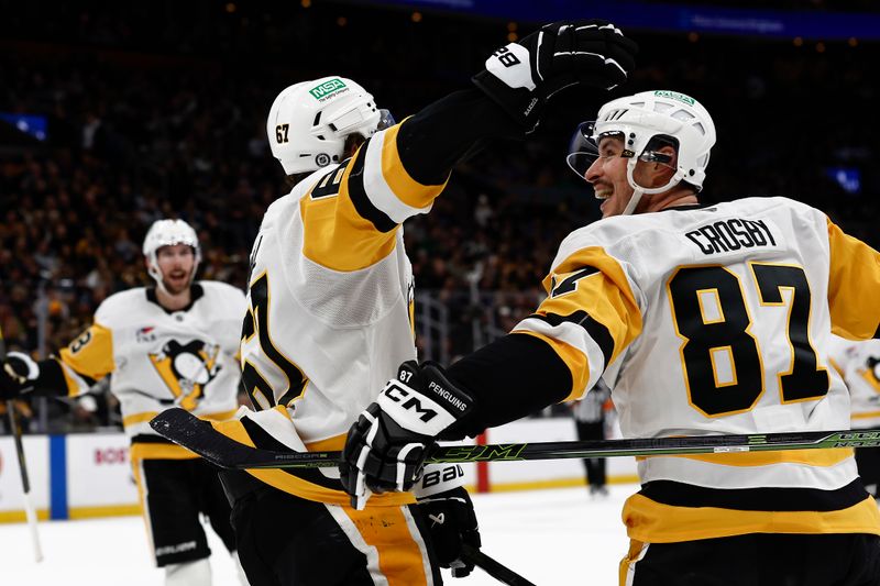 Nov 29, 2024; Boston, Massachusetts, USA; Pittsburgh Penguins center Sidney Crosby (87) congratulates right wing Rickard Rakell (67) after he scored against the Boston Bruins during the second period at TD Garden. Mandatory Credit: Winslow Townson-Imagn Images