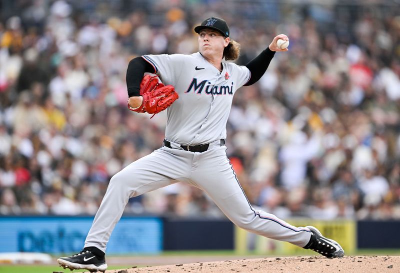May 26, 2025; San Diego, California, USA; Miami Marlins starting pitcher Ryan Weathers (35) delivers during the first inning against the San Diego Padres at Petco Park. Mandatory Credit: Denis Poroy-Imagn Images