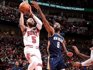 CHICAGO, IL - DECEMBER 2: Jevon Carter #5 of the Chicago Bulls shoots the ball during the game against the New Orleans Pelicans on December 2, 2023 at United Center in Chicago, Illinois. NOTE TO USER: User expressly acknowledges and agrees that, by downloading and or using this photograph, User is consenting to the terms and conditions of the Getty Images License Agreement. Mandatory Copyright Notice: Copyright 2023 NBAE (Photo by Jeff Haynes/NBAE via Getty Images)