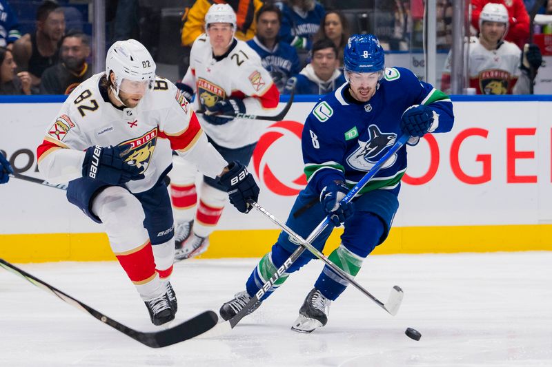 Dec 14, 2023; Vancouver, British Columbia, CAN; Florida Panthers forward Kevin Stenlund (82) stick checks Vancouver Canucks forward Conor Garland (8) in the second period at Rogers Arena. Mandatory Credit: Bob Frid-USA TODAY Sports