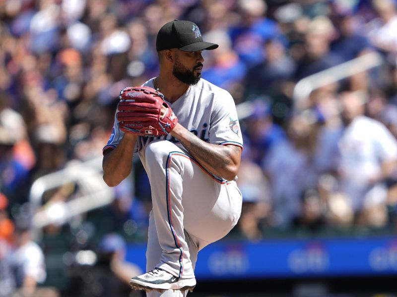 Aug 31, 2025; New York City, New York, USA; Miami Marlins pitcher Sandy Alcantara (22) delivers a pitch against the New York Mets during the first inning at Citi Field. Mandatory Credit: Gregory Fisher-Imagn Images