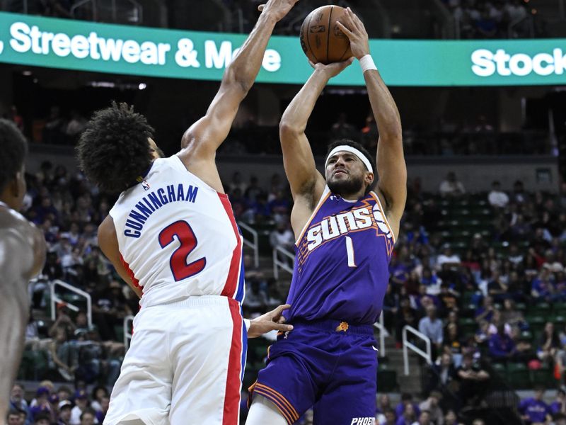 EAST LANSING, MI - OCTOBER 8: Devin Booker #1 of the Phoenix Suns shoots the ball during the game against the Detroit Pistons during a NBA Preseason game on October 8, 2024 at the Breslin Center in East Lansing, Michigan. NOTE TO USER: User expressly acknowledges and agrees that, by downloading and/or using this photograph, User is consenting to the terms and conditions of the Getty Images License Agreement. Mandatory Copyright Notice: Copyright 2024 NBAE (Photo by Chris Schwegler/NBAE via Getty Images)