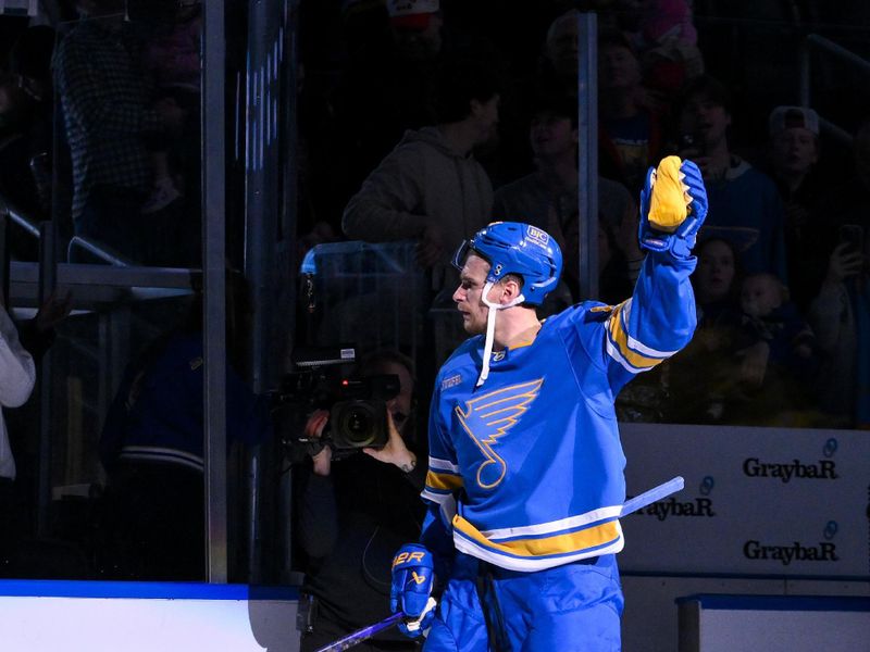 Nov 28, 2025; St. Louis, Missouri, USA; St. Louis Blues left wing Pavel Buchnevich (89) salutes the fans after he was named first star of the game after a victory over the Ottawa Senators at Enterprise Center. Mandatory Credit: Jeff Curry-Imagn Images