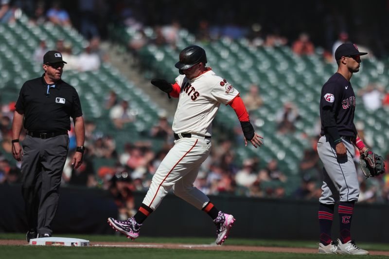 Sep 13, 2023; San Francisco, California, USA; San Francisco Giants designated hitter Joc Pederson (23) advances to third base during the eighth inning against the Cleveland Guardians at Oracle Park. Mandatory Credit: Sergio Estrada-USA TODAY Sports