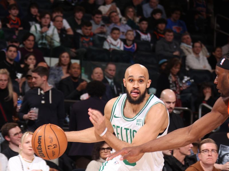 NEW YORK, NY - FEBRUARY 24: Derrick White #9 of the Boston Celtics drives to the basket during the game against the New York Knicks on February 24, 2024 at Madison Square Garden in New York City, New York.  NOTE TO USER: User expressly acknowledges and agrees that, by downloading and or using this photograph, User is consenting to the terms and conditions of the Getty Images License Agreement. Mandatory Copyright Notice: Copyright 2024 NBAE  (Photo by Nathaniel S. Butler/NBAE via Getty Images)