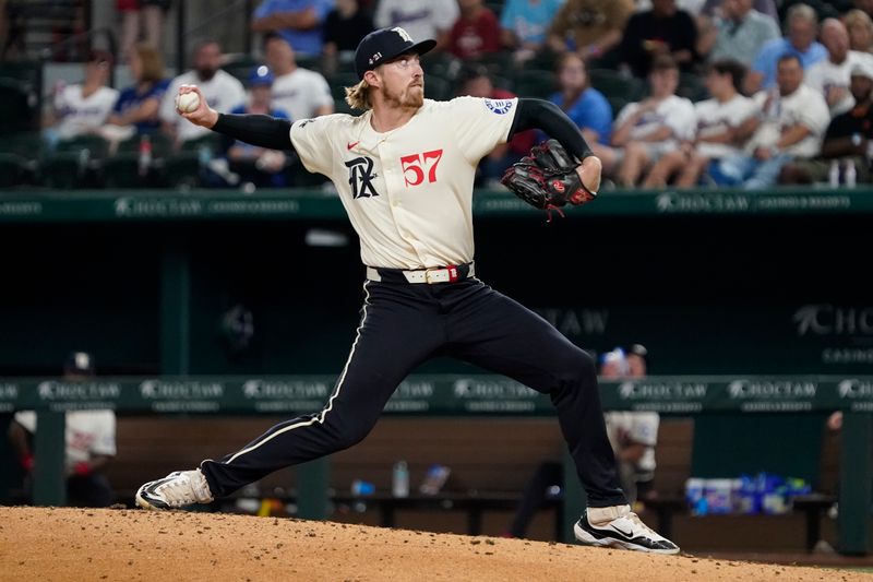 Jul 19, 2024; Arlington, Texas, USA; Texas Rangers pitcher Daniel Robert (57) throws to the plate during the eighth inning against the Baltimore Orioles at Globe Life Field. Mandatory Credit: Raymond Carlin III-USA TODAY Sports