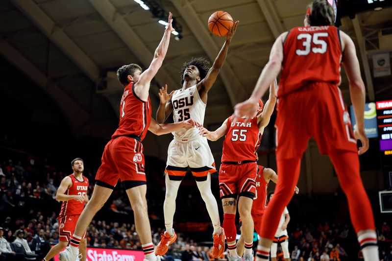 Jan 26, 2023; Corvallis, Oregon, USA; Oregon State Beavers forward Glenn Taylor Jr. (35) shoots the ball against Utah Utes forward Ben Carlson (1) during the first half at Gill Coliseum. Mandatory Credit: Soobum Im-USA TODAY Sports