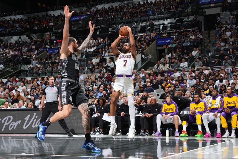 SAN ANTONIO, TX - NOVEMBER 15: Gabe Vincent #7 of the Los Angeles Lakers shoots a three point basket during the game against the San Antonio Spurs during the Emirates NBA Cup game on November 15, 2024 at the Frost Bank Center in San Antonio, Texas. NOTE TO USER: User expressly acknowledges and agrees that, by downloading and or using this photograph, user is consenting to the terms and conditions of the Getty Images License Agreement. Mandatory Copyright Notice: Copyright 2024 NBAE (Photos by Jesse D. Garrabrant/NBAE via Getty Images)