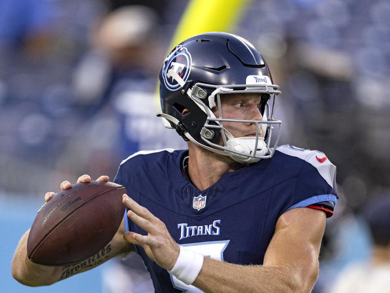 Tennessee Titans quarterback Will Levis (8) throws during warmups before their NFL football game against the New England Patriots Friday, Aug. 25, 2023, in Nashville, Tenn. (AP Photo/Wade Payne)