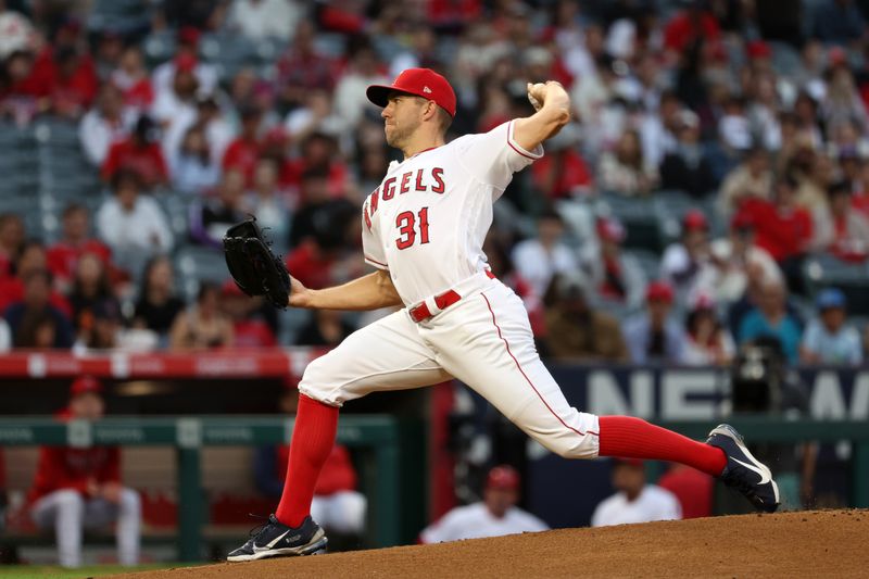 Sep 16, 2023; Anaheim, California, USA;  Los Angeles Angels starting pitcher Tyler Anderson (31) pitches during the first inning against the Detroit Tigers at Angel Stadium. Mandatory Credit: Kiyoshi Mio-USA TODAY Sports
