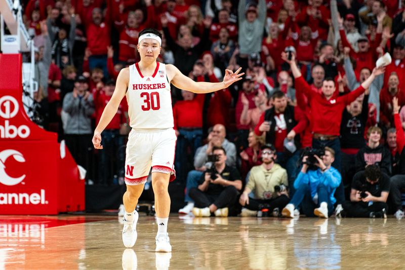 Jan 9, 2024; Lincoln, Nebraska, USA; Nebraska Cornhuskers guard Keisei Tominaga (30) celebrates after a 3-pointer against the Purdue Boilermakers during the first half at Pinnacle Bank Arena. Mandatory Credit: Dylan Widger-USA TODAY Sports