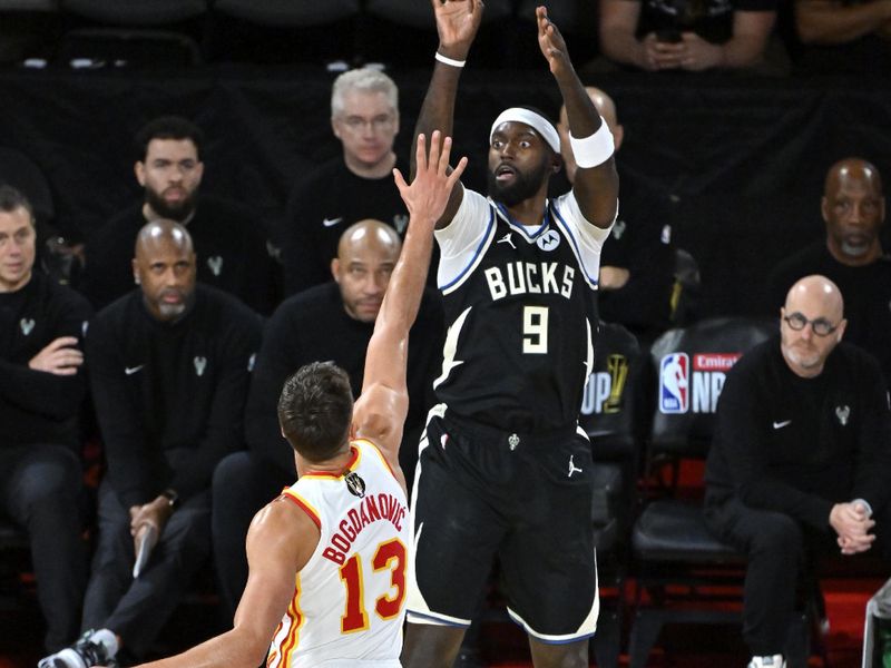 LAS VEGAS, NV - DECEMBER 14: Bobby Portis #9 of the Milwaukee Bucks shoots the ball during the game against the Atlanta Hawks during the Emirates NBA Cup Semifinal game on December 14, 2024 at T-Mobile Arena in Las Vegas, Nevada. NOTE TO USER: User expressly acknowledges and agrees that, by downloading and/or using this Photograph, user is consenting to the terms and conditions of the Getty Images License Agreement. Mandatory Copyright Notice: Copyright 2024 NBAE (Photo by David Becker/NBAE via Getty Images)