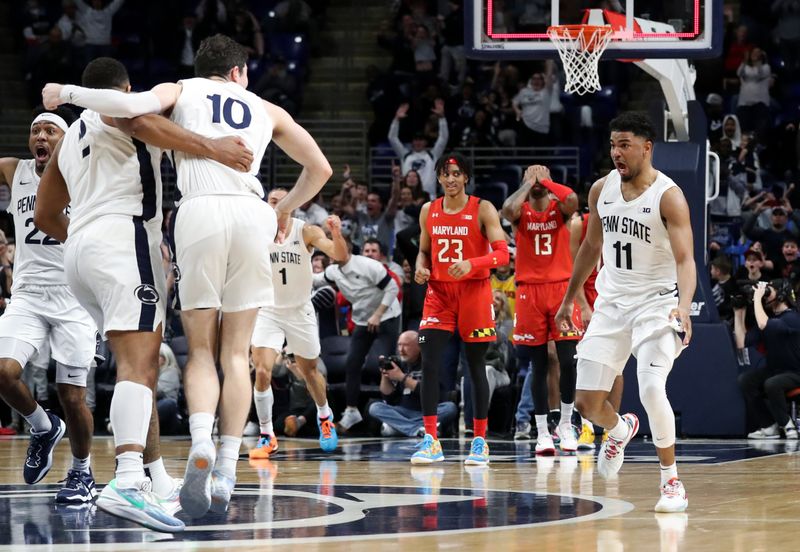 Mar 5, 2023; University Park, Pennsylvania, USA; Penn State Nittany Lions guard Camren Wynter (11) reacts after making a shot late in the second half against the Maryland Terrapins at Bryce Jordan Center. Mandatory Credit: Matthew OHaren-USA TODAY Sports