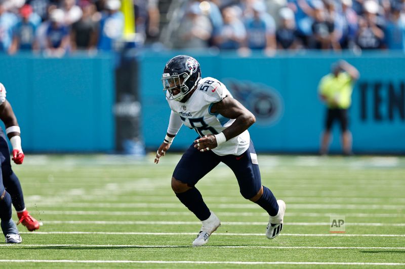 Tennessee Titans linebacker Harold Landry III (58) rushes during their NFL football against the Los Angeles Chargers game Sunday, Sept. 17, 2023, in Nashville, Tenn. (AP Photo/Wade Payne)