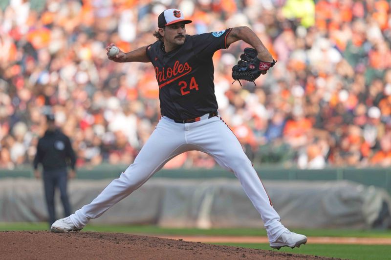 Sep 7, 2024; Baltimore, Maryland, USA; Baltimore Orioles pitcher Zach Efflin (24) delivers in the fifth inning against the Tampa Bay Rays at Oriole Park at Camden Yards. Mandatory Credit: Mitch Stringer-Imagn Images