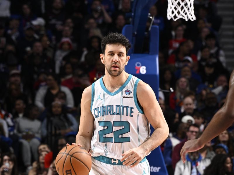 PHILADELPHIA, PA - MARCH 1: Vasilije Micic #22 of the Charlotte Hornets  dribbles the ball during the game against the Philadelphia 76ers on March 1, 2024 at the Wells Fargo Center in Philadelphia, Pennsylvania NOTE TO USER: User expressly acknowledges and agrees that, by downloading and/or using this Photograph, user is consenting to the terms and conditions of the Getty Images License Agreement. Mandatory Copyright Notice: Copyright 2024 NBAE (Photo by David Dow/NBAE via Getty Images)