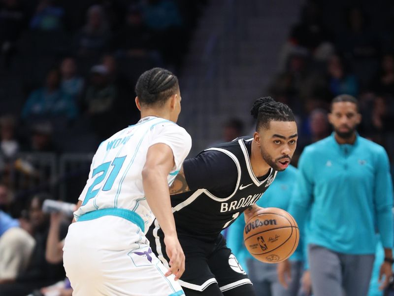 CHARLOTTE, NC - JANUARY 29:  D'Angelo Russell #1 of the Brooklyn Nets dribbles the ball during the game against the Charlotte Hornets on January 29, 2025 at Spectrum Center in Charlotte, North Carolina. NOTE TO USER: User expressly acknowledges and agrees that, by downloading and or using this photograph, User is consenting to the terms and conditions of the Getty Images License Agreement. Mandatory Copyright Notice: Copyright 2025 NBAE (Photo by Brock Williams-Smith/NBAE via Getty Images)