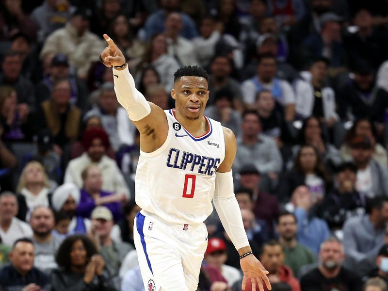 SACRAMENTO, CALIFORNIA - MARCH 03: Russell Westbrook #0 of the LA Clippers dribbles the ball up the court against the Sacramento Kings at Golden 1 Center on March 03, 2023 in Sacramento, California. NOTE TO USER: User expressly acknowledges and agrees that, by downloading and or using this photograph, User is consenting to the terms and conditions of the Getty Images License Agreement.   (Photo by Ezra Shaw/Getty Images)