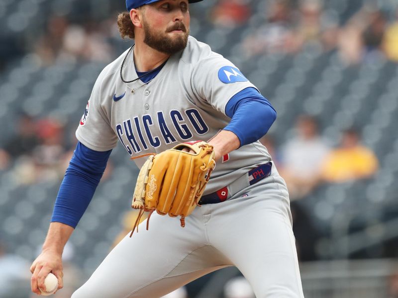 May 1, 2025; Pittsburgh, Pennsylvania, USA;  Chicago Cubs relief pitcher Porter Hodge (37) pitches against the Pittsburgh Pirates during the eighth inning at PNC Park. Mandatory Credit: Charles LeClaire-Imagn Images
