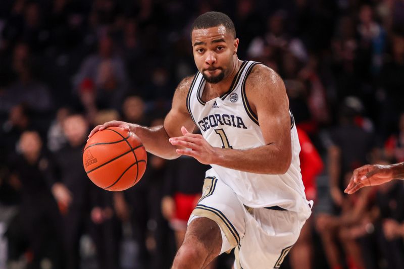 Feb 25, 2023; Atlanta, Georgia, USA; Georgia Tech Yellow Jackets guard Kyle Sturdivant (1) drives to the basket against the Louisville Cardinals in the second half at McCamish Pavilion. Mandatory Credit: Brett Davis-USA TODAY Sports