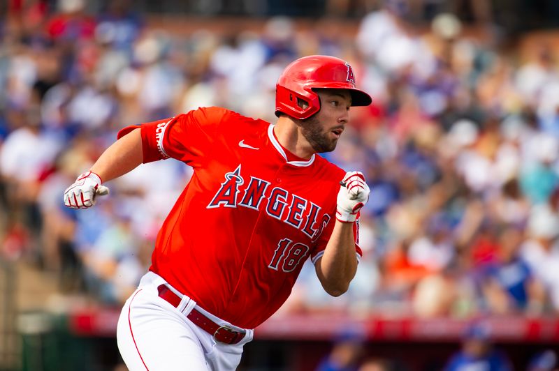 Feb 24, 2024; Tempe, Arizona, USA; Los Angeles Angels first baseman Nolan Schanuel against the Los Angeles Dodgers during a spring training game at Tempe Diablo Stadium. Mandatory Credit: Mark J. Rebilas-USA TODAY Sports