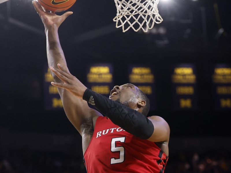 Feb 3, 2024; Ann Arbor, Michigan, USA;  Rutgers Scarlet Knights forward Aundre Hyatt (5) shoots in the second half against the Michigan Wolverines at Crisler Center. Mandatory Credit: Rick Osentoski-USA TODAY Sports