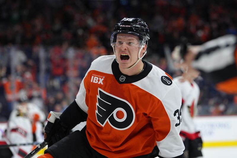 Nov 8, 2025; Philadelphia, Pennsylvania, USA; Philadelphia Flyers right wing Matvei Michkov (39) reacts after scoring a goal against the Ottawa Senators in the second period at Xfinity Mobile Arena. Mandatory Credit: Kyle Ross-Imagn Images