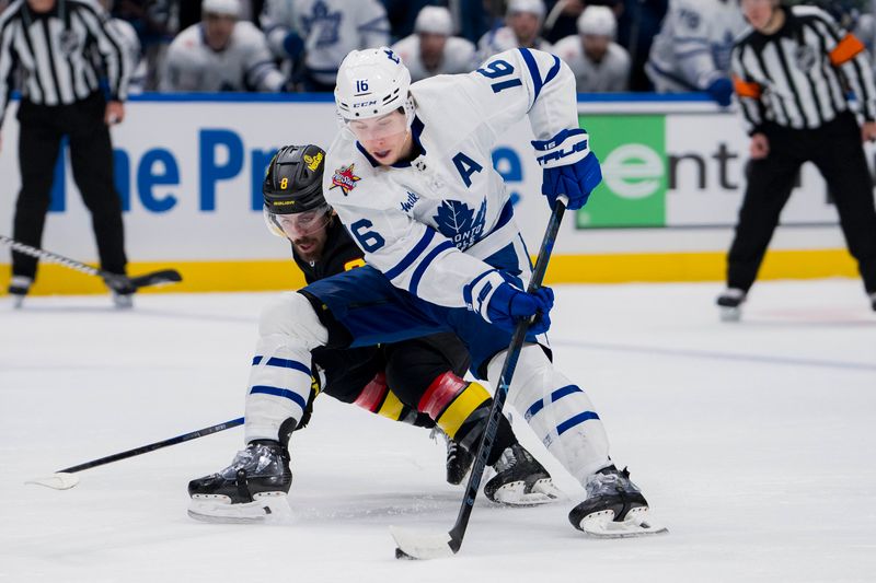 Jan 20, 2024; Vancouver, British Columbia, CAN; Vancouver Canucks forward Conor Garland (8) checks Toronto Maple Leafs forward Mitchell Marner (16) in the second period at Rogers Arena. Mandatory Credit: Bob Frid-USA TODAY Sports