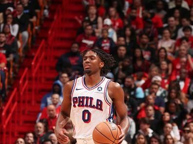 MIAMI, FL - DECEMBER 25:  Tyrese Maxey #0 of the Philadelphia 76ers handles the ball during the game  on December 25, 2023 at Kaseya Center Arena in Miami, Florida. NOTE TO USER: User expressly acknowledges and agrees that, by downloading and or using this Photograph, user is consenting to the terms and conditions of the Getty Images License Agreement. Mandatory Copyright Notice: Copyright 2023 NBAE (Photo by Issac Baldizon/NBAE via Getty Images)