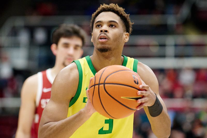 Jan 21, 2023; Stanford, California, USA; Oregon Ducks guard Keeshawn Barthelemy (3) shoots a free throw against the Stanford Cardinal during the second half at Maples Pavilion. Mandatory Credit: Robert Edwards-USA TODAY Sports