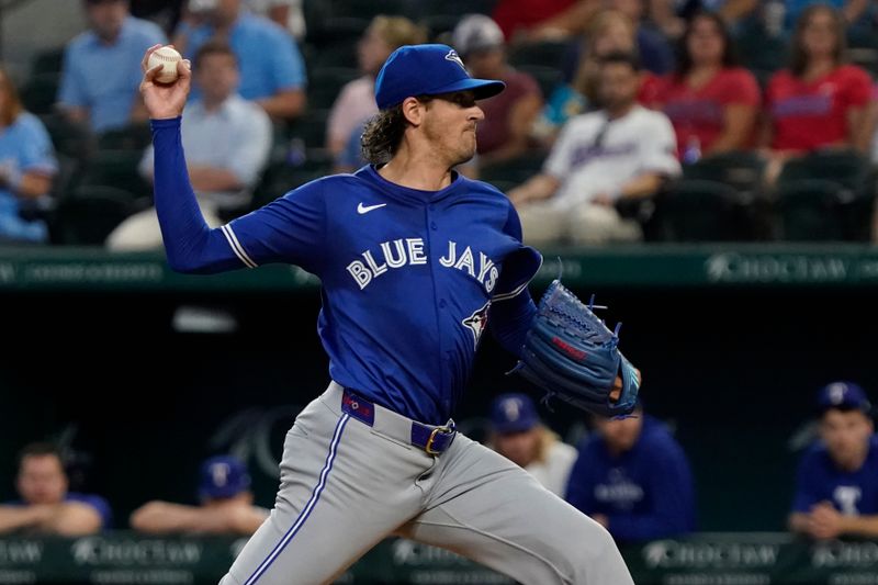 Sep 19, 2024; Arlington, Texas, USA; Toronto Blue Jays pitcher Kevin Gausman (34) throws to the plate during the first inning against the Texas Rangers at Globe Life Field. Mandatory Credit: Raymond Carlin III-Imagn Images