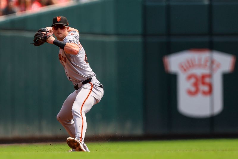 Aug 4, 2024; Cincinnati, Ohio, USA; San Francisco Giants shortstop Tyler Fitzgerald (49) throws to first to get Cincinnati Reds shortstop Elly De La Cruz (not pictured) out in the first inning at Great American Ball Park. Mandatory Credit: Katie Stratman-USA TODAY Sports