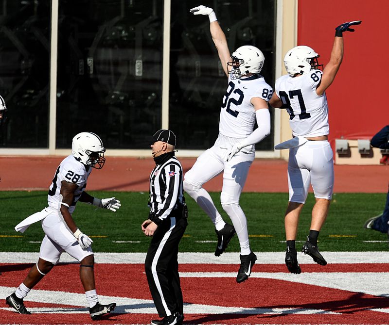 Oct 24, 2020; Bloomington, Indiana, USA; Penn State Nittany Lions tight end Zack Kuntz (82) and Penn State Nittany Lions tight end Pat Freiermuth (87) celebrate a touchdown in the first quarter of the game against the Indiana Hoosiers at Memorial Stadium. Mandatory Credit: Marc Lebryk-USA TODAY Sports