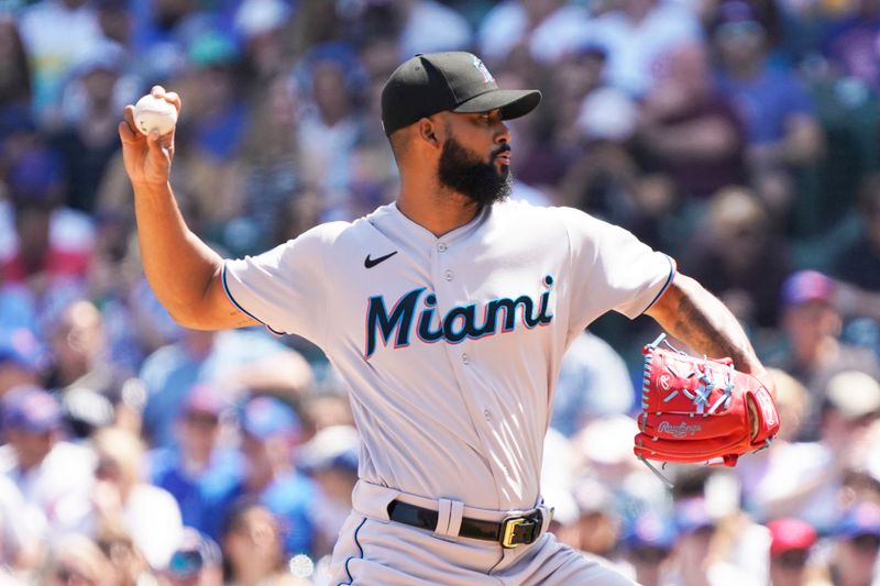 May 7, 2023; Chicago, Illinois, USA; Miami Marlins starting pitcher Sandy Alcantara (22) throws the ball against the Chicago Cubs during the first inning at Wrigley Field. Mandatory Credit: David Banks-USA TODAY Sports